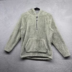 PINK Womens Hooded Sweater Green Faux Fur Long Sleeve 1/2 Zip Pockets Size XS